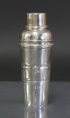 Lot 110 - A silver-plated cocktail stick, measure and funnel by P H Vogel