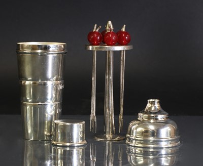 Lot 110 - A silver-plated cocktail stick, measure and funnel by P H Vogel