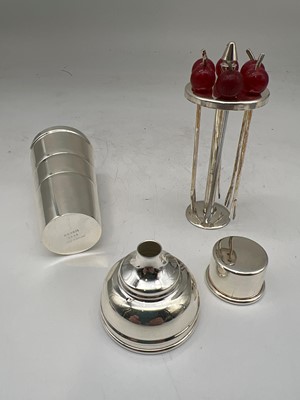 Lot 110 - A silver-plated cocktail stick, measure and funnel by P H Vogel