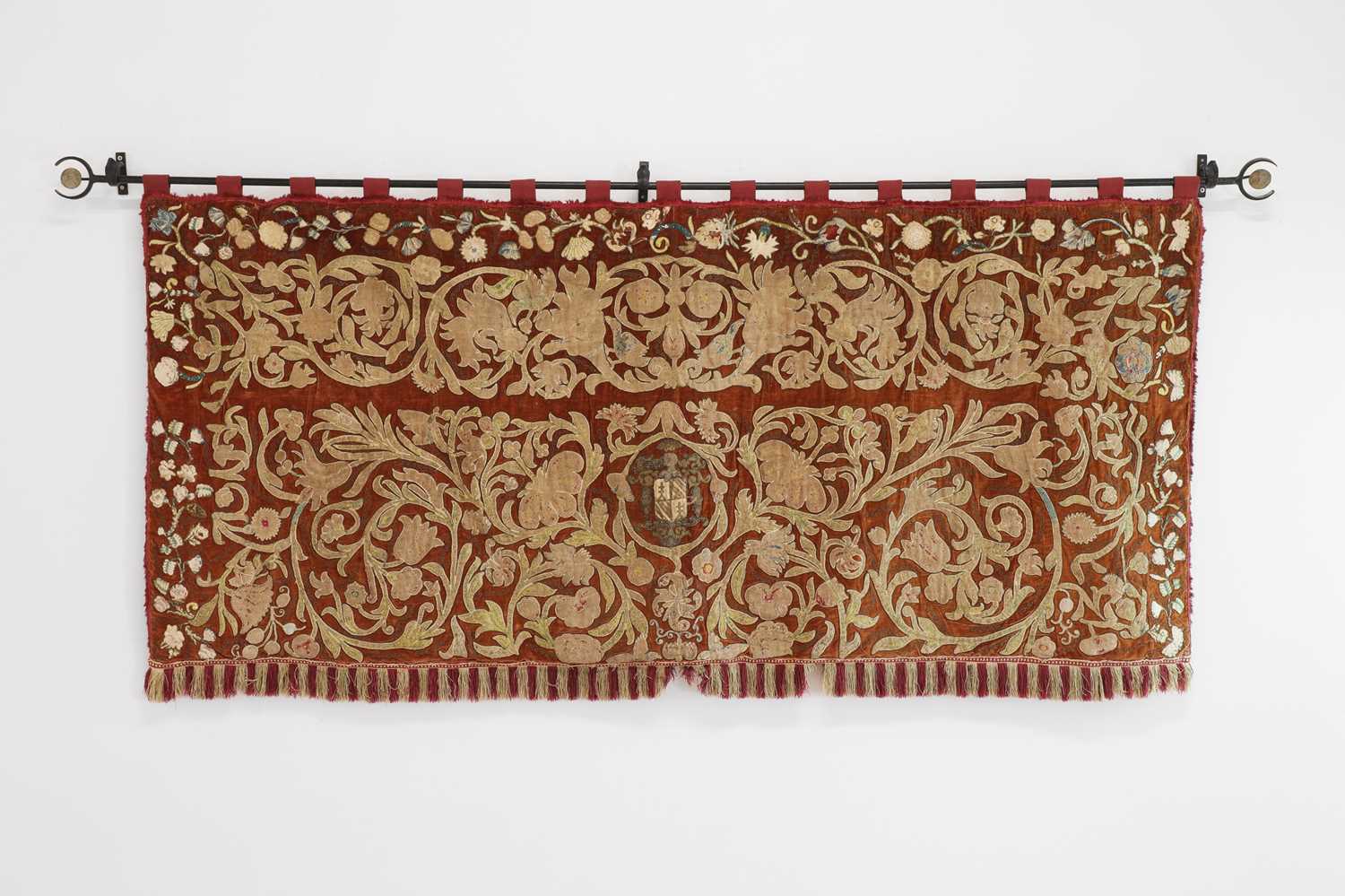 Lot 58 - A velvet, silk and metal thread appliqué and embroidered hanging