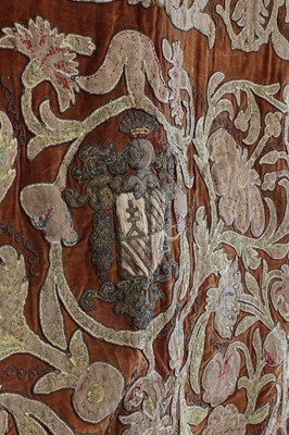 Lot 58 - A velvet, silk and metal thread appliqué and embroidered hanging