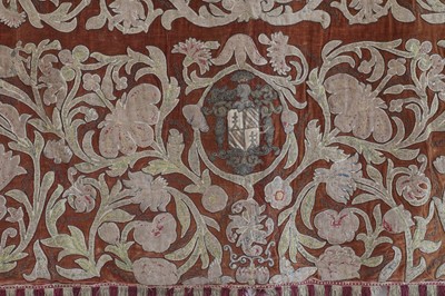 Lot 58 - A velvet, silk and metal thread appliqué and embroidered hanging