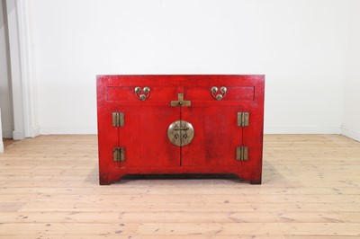 Lot 4 - A red-lacquered elm side cabinet