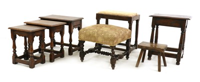 Lot 491 - Four various oak stools and a nest of three oak tables