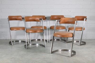 Lot 575 - A set of six steel and tan leather chairs