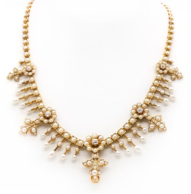 Lot 97 - A late Victorian diamond, pearl and split pearl fringe necklace