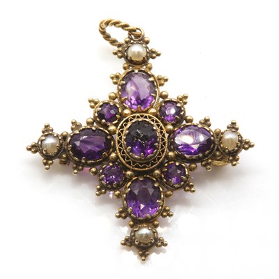 Lot 26 - A Regency amethyst and split pearl cross form brooch/pendant, c.1820