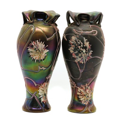 Lot 241 - A large pair of Bohemian iridescent glass vases