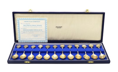 Lot 67 - A cased set of twelve silver zodiac spoons