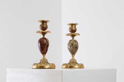 Lot 207 - A pair of Derbyshire fluorite and ormolu candlesticks