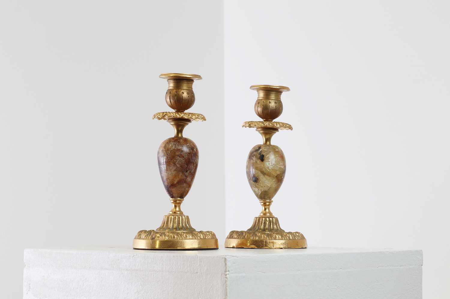 Lot 207 - A pair of Derbyshire fluorite and ormolu candlesticks