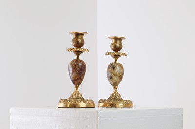 Lot 207 - A pair of Derbyshire fluorite and ormolu candlesticks