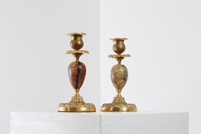 Lot 207 - A pair of Derbyshire fluorite and ormolu candlesticks