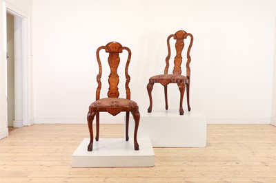 Lot 399 - A pair of walnut and marquetry side chairs