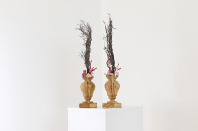 Lot 320 - A pair of giltwood, coral and shell altar urns