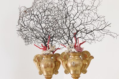 Lot 320 - A pair of giltwood, coral and shell altar urns