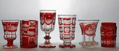 Lot 214 - A group of six Bohemian flashed glass spa beakers