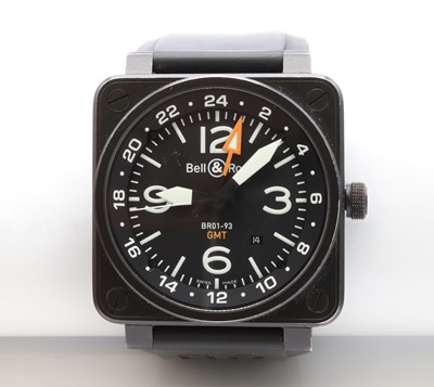 Lot 547 - A gentlemen's steel black PVD Bell and Ross BR01-93 GMT Aviation automatic strap watch, c.2015