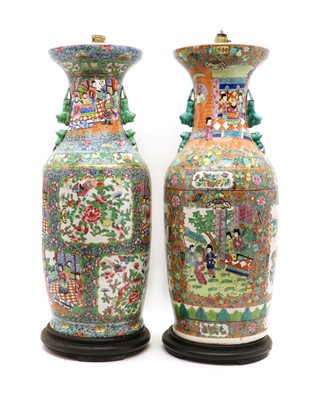 Lot 145 - A pair of Chinese famille rose porcelain lamps