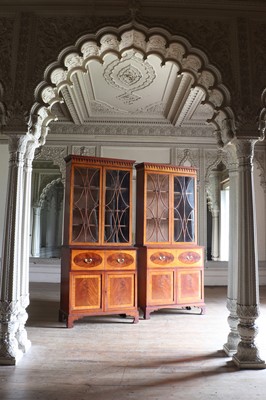 Lot 36 - ☘ A pair of late George III satinwood secretaire cabinets