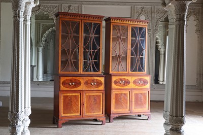 Lot 36 - ☘ A pair of late George III satinwood secretaire cabinets