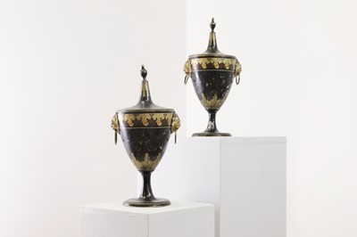 Lot 164 - A pair of Regency toleware chestnut urns