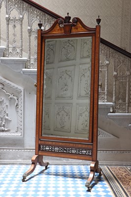 Lot 70 - ☘ An Edwardian mahogany and satinwood Sheraton Revival cheval mirror