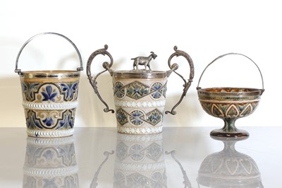 Lot 57 - Three Doulton Lambeth stoneware mounted items