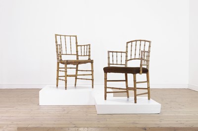 Lot 51 - Two Regency faux bamboo painted open armchairs