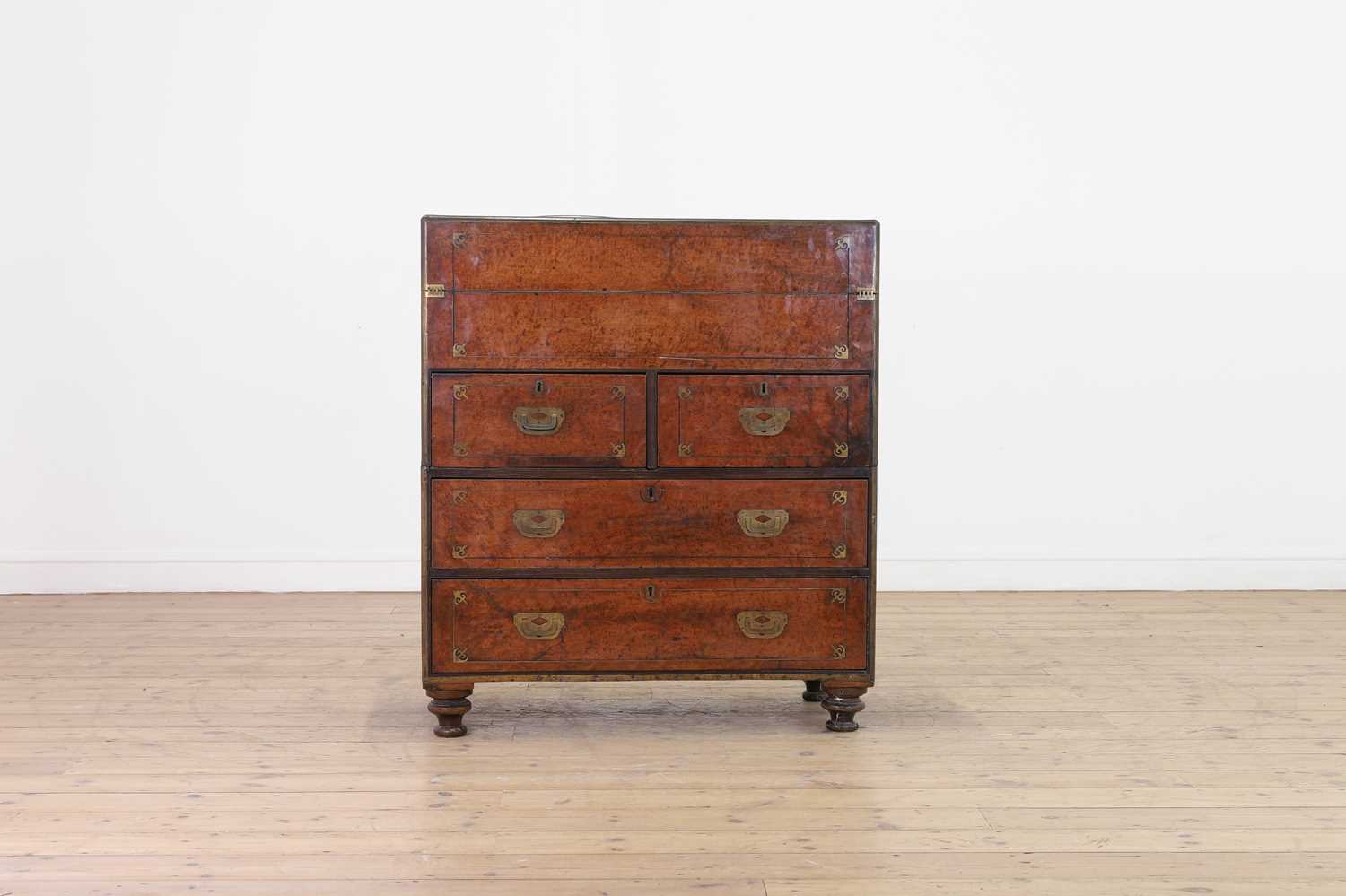 Lot 49 - A camphor wood and brass campaign secretaire chest
