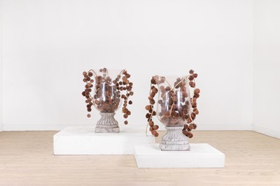 Lot 95 - A pair of glass and earthenware storm lantern vases