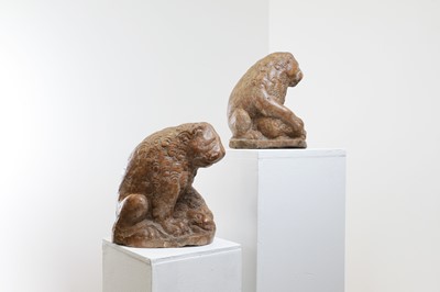 Lot 74 - A pair of Rosso Verona marble lions in the Renaissance manner