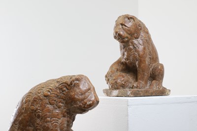 Lot 74 - A pair of Rosso Verona marble lions in the Renaissance manner