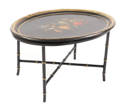 Lot 472 - A Victorian oval painted lacquer tray on stand