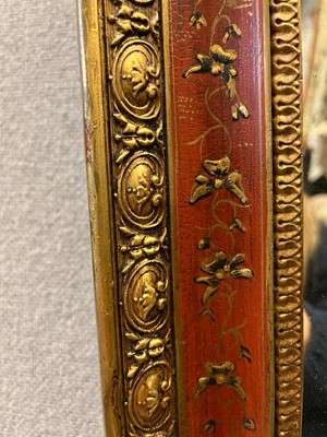 Lot 368 - A pair of red japanned chinoiserie mirrors