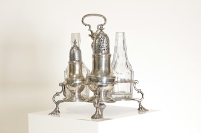 Lot 21 - A George II silver and cut-glass cruet set