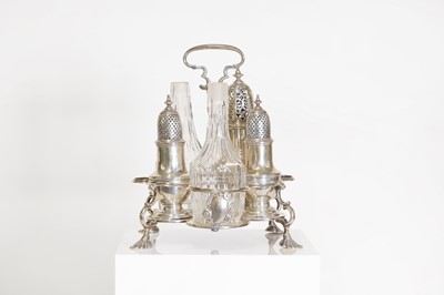 Lot 21 - A George II silver and cut-glass cruet set