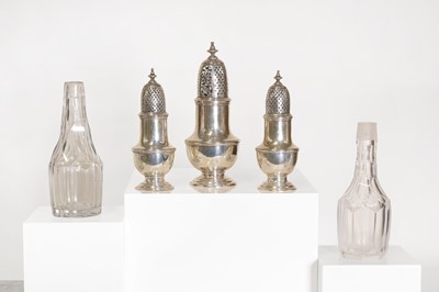 Lot 21 - A George II silver and cut-glass cruet set