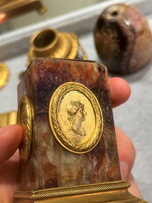 Lot 30 - A pair of George III Derbyshire Blue John and ormolu 'Cleopatra' candle vases