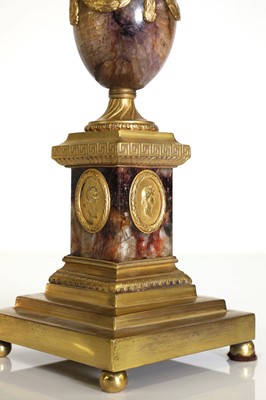 Lot 30 - A pair of George III Derbyshire Blue John and ormolu 'Cleopatra' candle vases