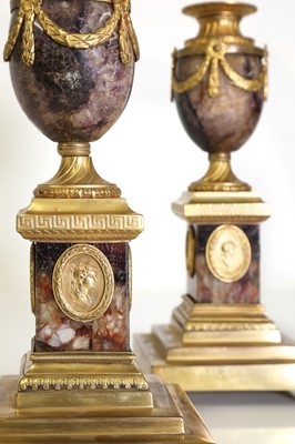 Lot 30 - A pair of George III Derbyshire Blue John and ormolu 'Cleopatra' candle vases