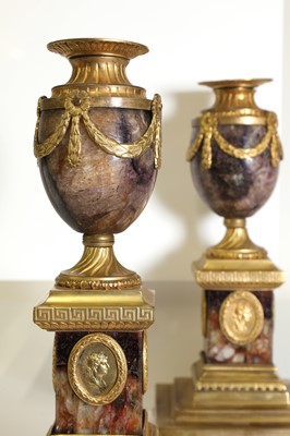 Lot 30 - A pair of George III Derbyshire Blue John and ormolu 'Cleopatra' candle vases