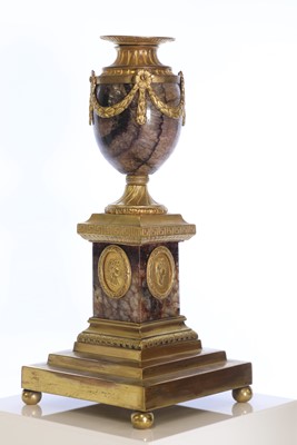 Lot 30 - A pair of George III Derbyshire Blue John and ormolu 'Cleopatra' candle vases
