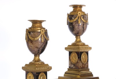 Lot 30 - A pair of George III Derbyshire Blue John and ormolu 'Cleopatra' candle vases
