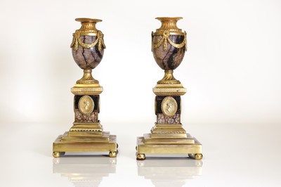Lot 30 - A pair of George III Derbyshire Blue John and ormolu 'Cleopatra' candle vases