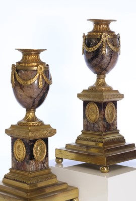 Lot 30 - A pair of George III Derbyshire Blue John and ormolu 'Cleopatra' candle vases