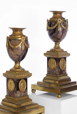 Lot 30 - A pair of George III Derbyshire Blue John and ormolu 'Cleopatra' candle vases