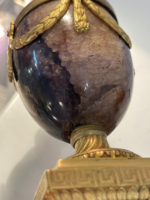 Lot 30 - A pair of George III Derbyshire Blue John and ormolu 'Cleopatra' candle vases
