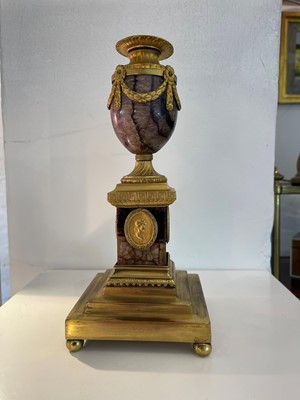 Lot 30 - A pair of George III Derbyshire Blue John and ormolu 'Cleopatra' candle vases