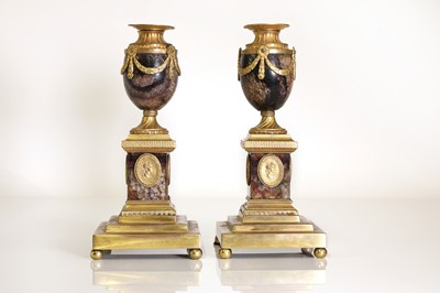 Lot 30 - A pair of George III Derbyshire Blue John and ormolu 'Cleopatra' candle vases